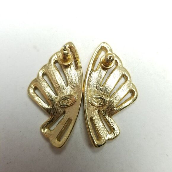 Vintage Trifari Gold Tone Stud Earrings, Funky Wing Wave Design, 80s 90s Style - Picture 3 of 6